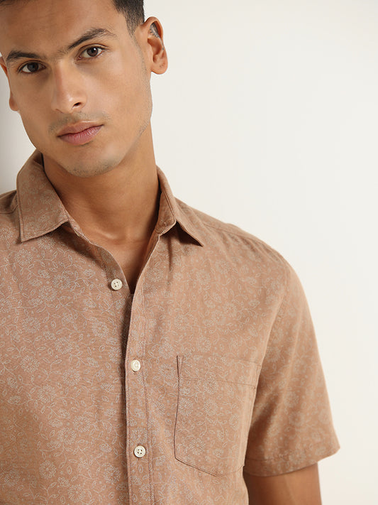 WES Casuals Light Brown Printed Cotton Shirt