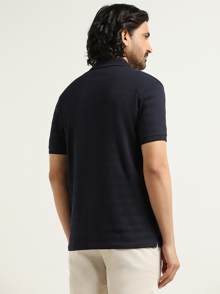 WES Casuals Navy Self-Patterned Slim Fit T-Shirt