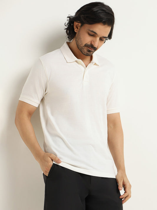 WES Casuals White Self-Patterned Cotton Slim Fit T-Shirt