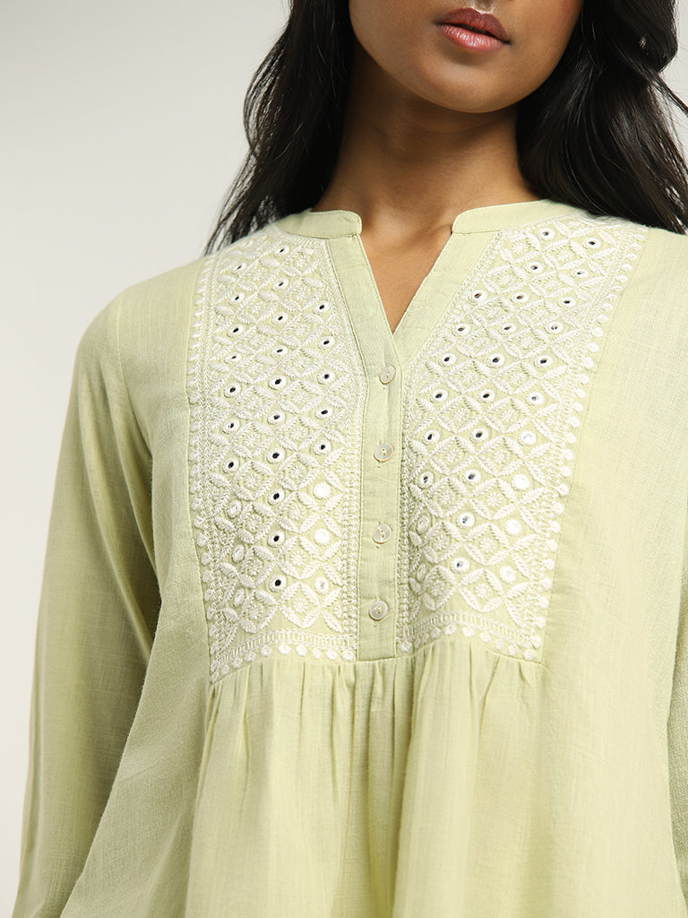 Utsa Green Mirror Embroidered Cotton Tunic