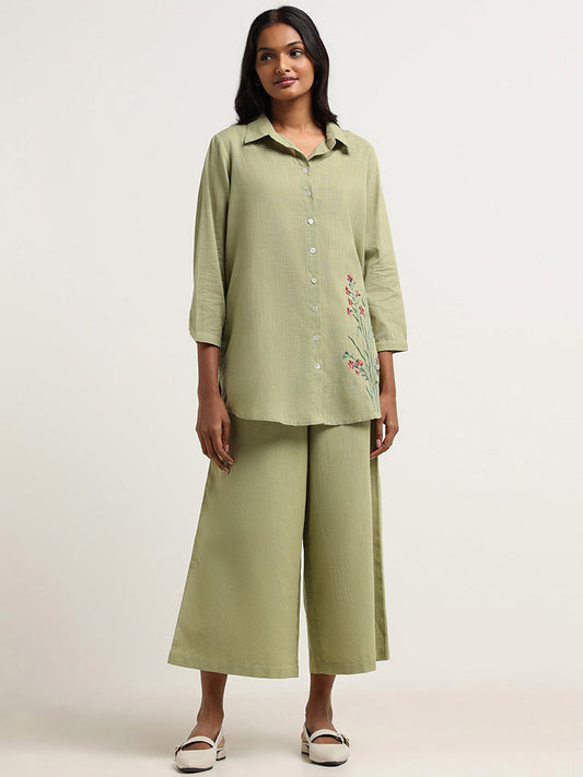 Utsa Green Floral Embroidered Cotton Tunic
