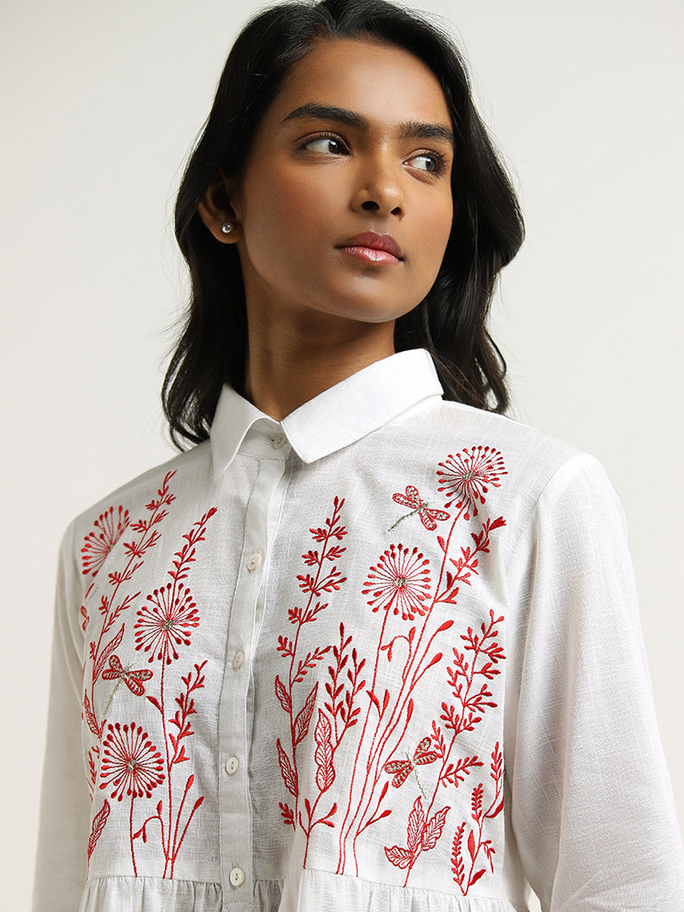 Utsa White Floral Embroidered Cotton Tunic