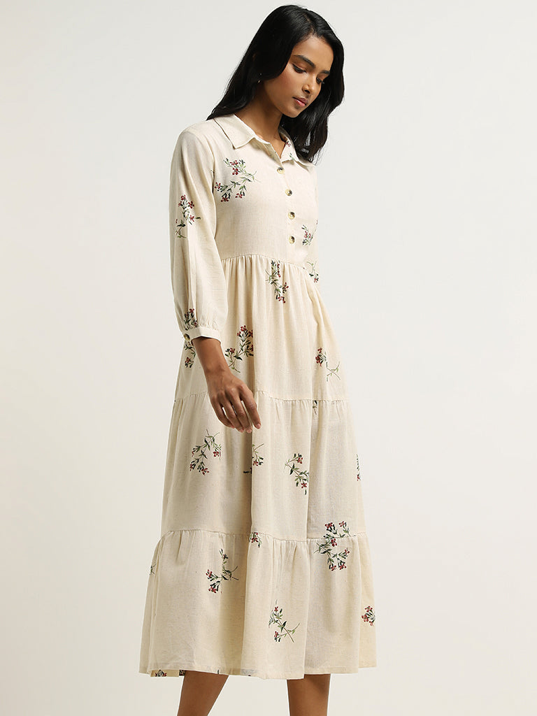 Utsa Off White Floral Printed Long Dress
