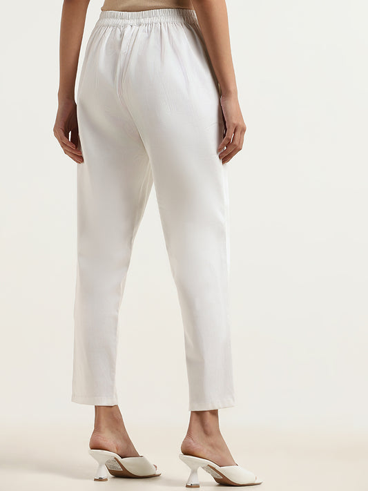 Utsa White Cotton Blend Straight-Leg Pants