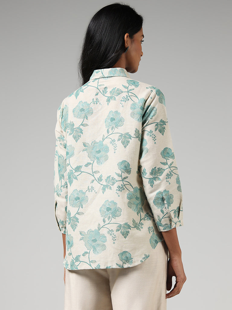 Zuba Green Floral Printed Blended Linen Buttondown Tunic
