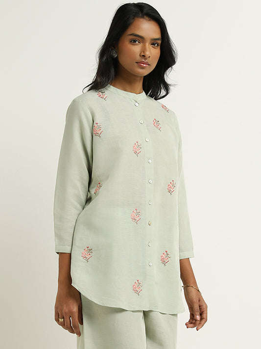 Zuba Green Floral Embroidered Blended Linen Tunic