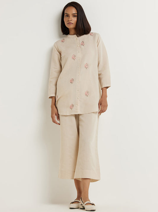 Zuba Beige Embroidered Linen Tunic