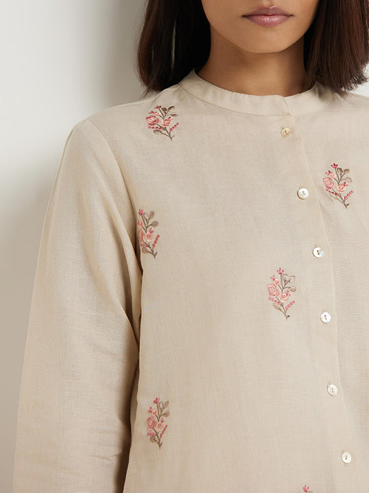 Zuba Beige Embroidered Linen Tunic