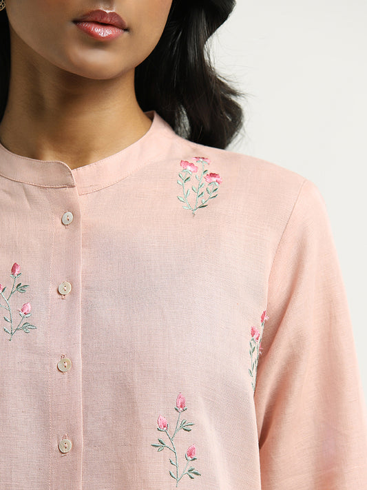 Zuba Peach Floral Embroidered Blended Linen Tunic