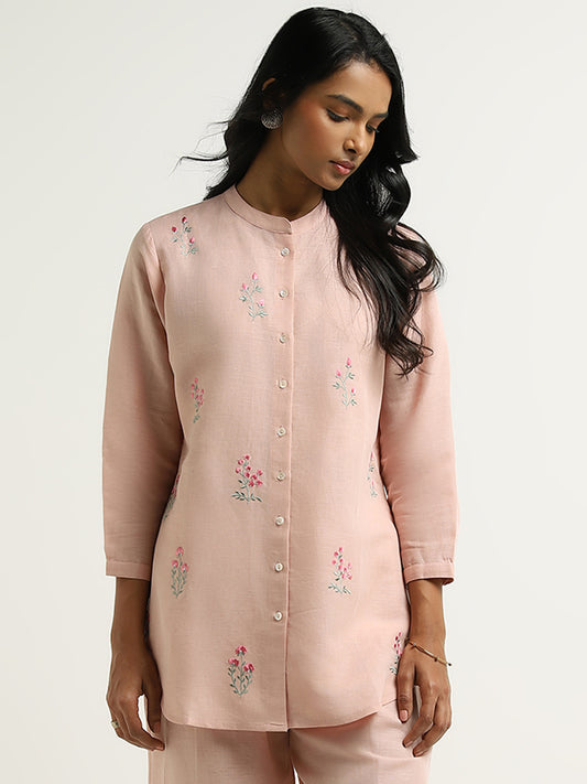 Zuba Peach Floral Embroidered Blended Linen Tunic