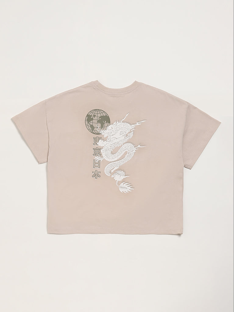 Y&F Kids Dragon Print Light Beige T-Shirt