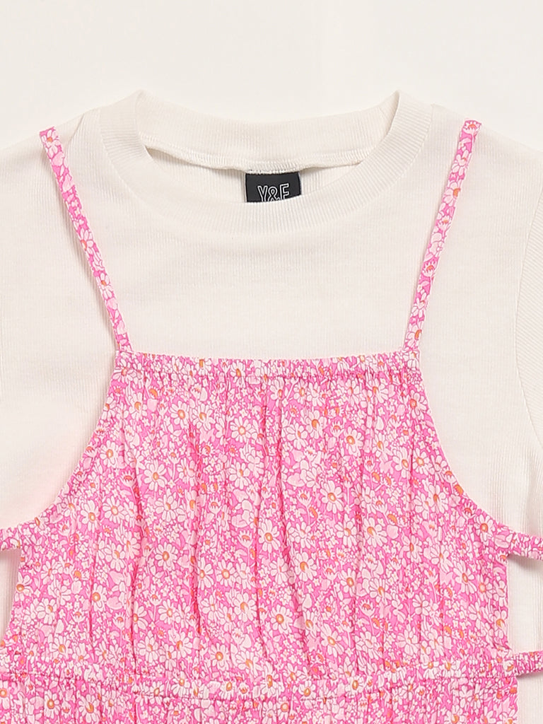 Y&F Kids Pink Floral Printed Dress & T-Shirt Set