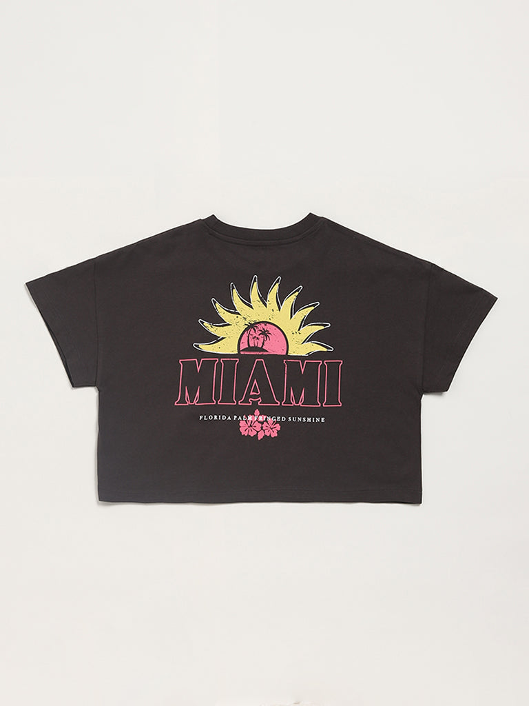 Y&F Kids Printed Black Crop T-Shirt