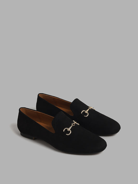 LUNA BLU Black Velvet with Gold Anchor Detail Loafers