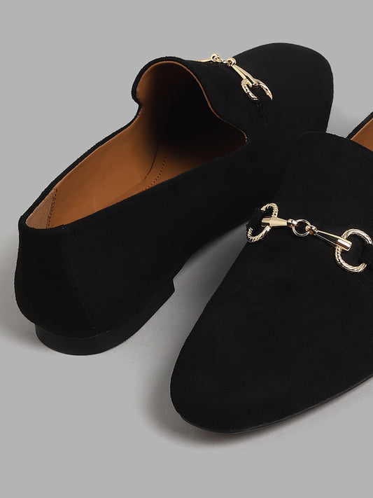 LUNA BLU Black Velvet with Gold Anchor Detail Loafers