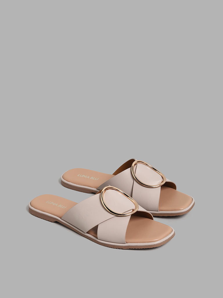 LUNA BLU Ivory Cross-Strap Oval Sandals
