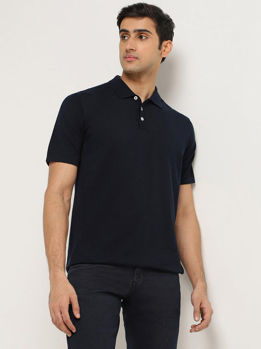 Ascot Navy Self-Patterned Relaxed Fit T-Shirt
