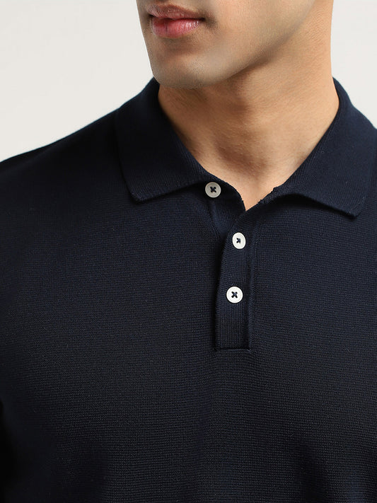 Ascot Navy Self-Patterned Cotton Relaxed Fit T-Shirt