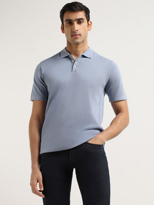 Ascot Blue Self-Patterned Relaxed Fit T-Shirt