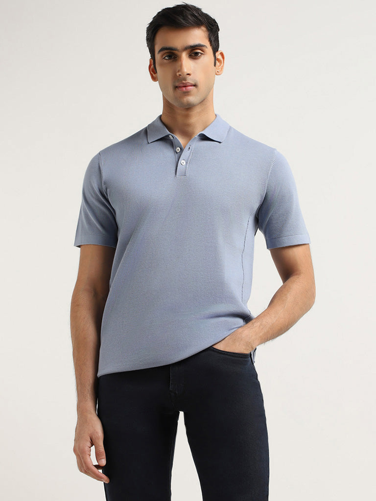Ascot Blue Self-Patterned Cotton Relaxed Fit T-Shirt