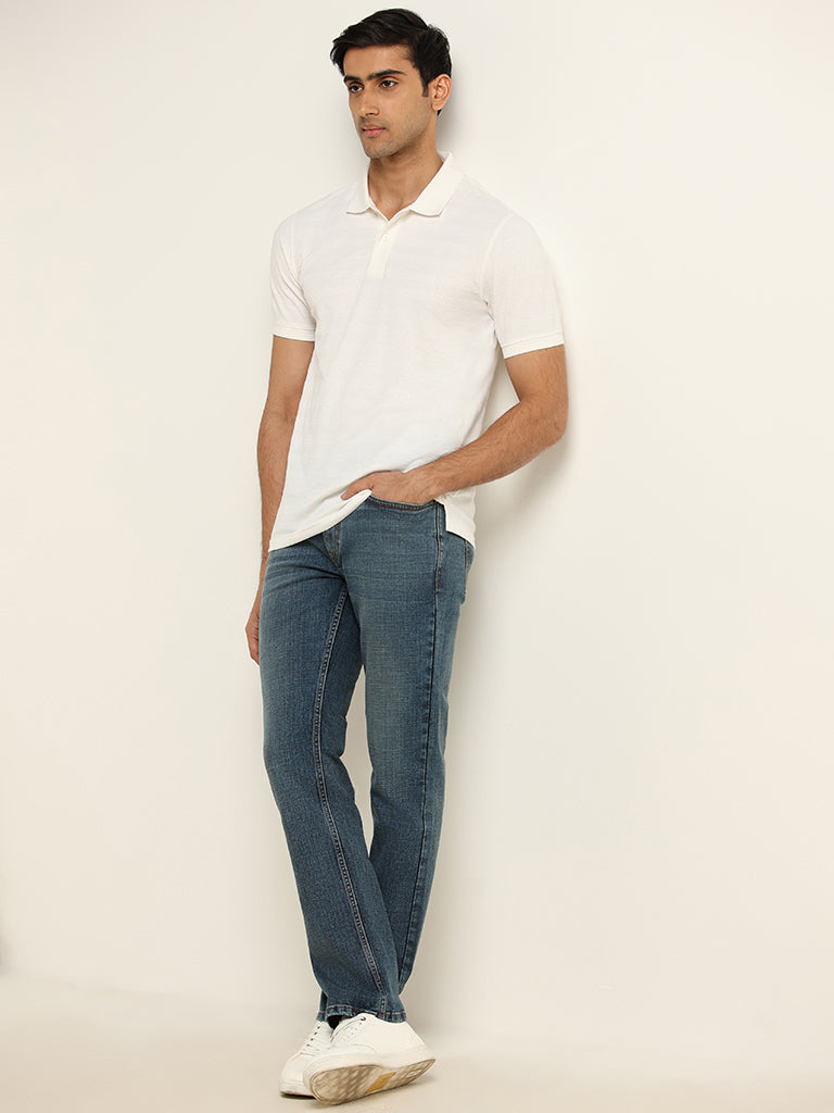 WES Casuals Blue Washed Straight-Fit Mid Rise Jeans