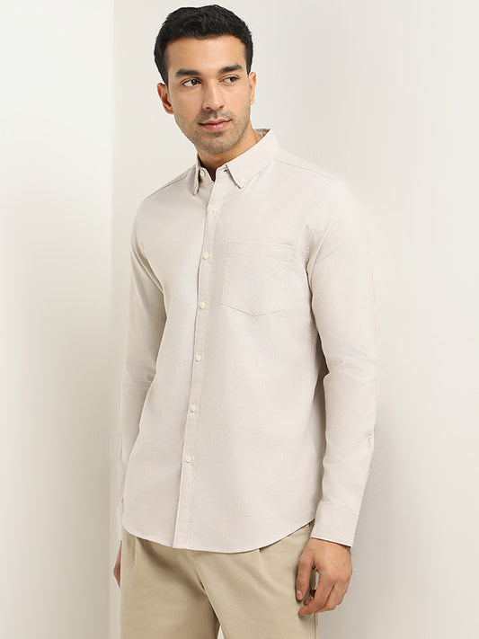 WES Casuals Beige Solid Slim Fit Shirt