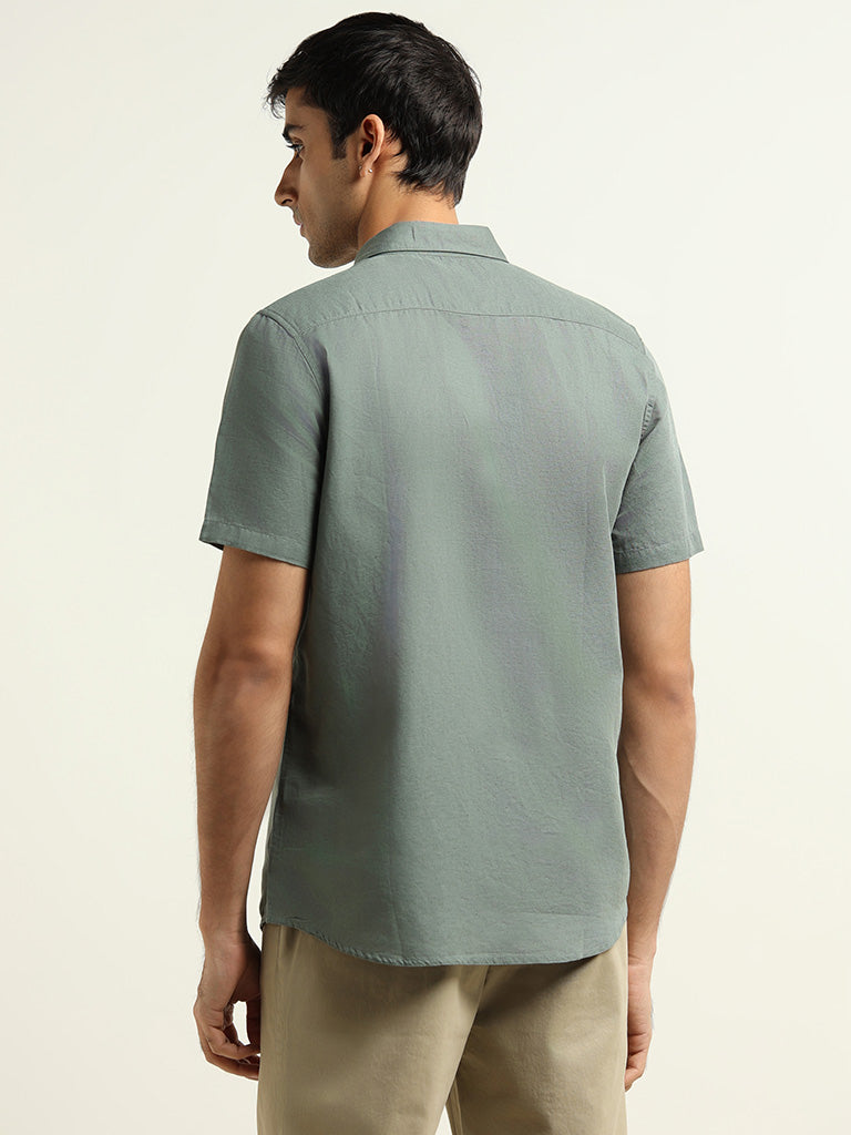 WES Casuals Green Slim-Fit Blended Linen Shirt