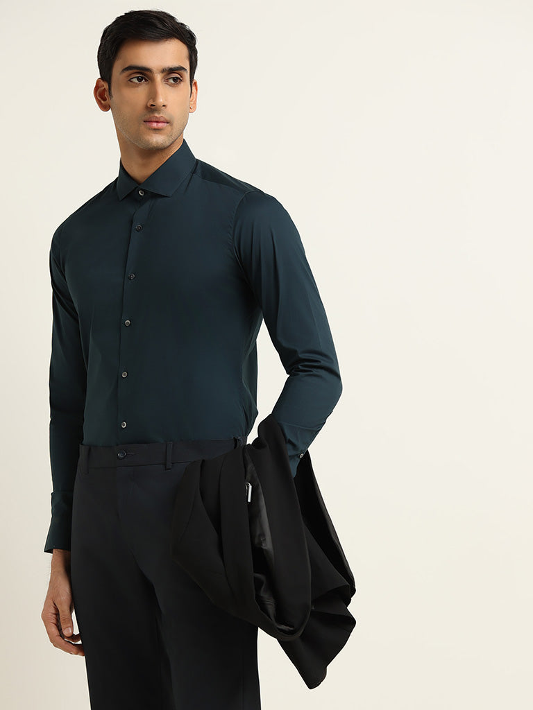 WES Formals Teal Cotton Blend Ultra-Slim Fit Shirt