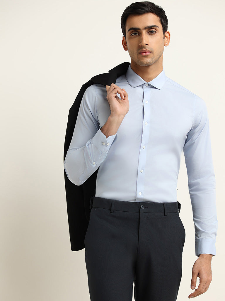 WES Formals Blue Cotton Blend Ultra-Slim Fit Shirt