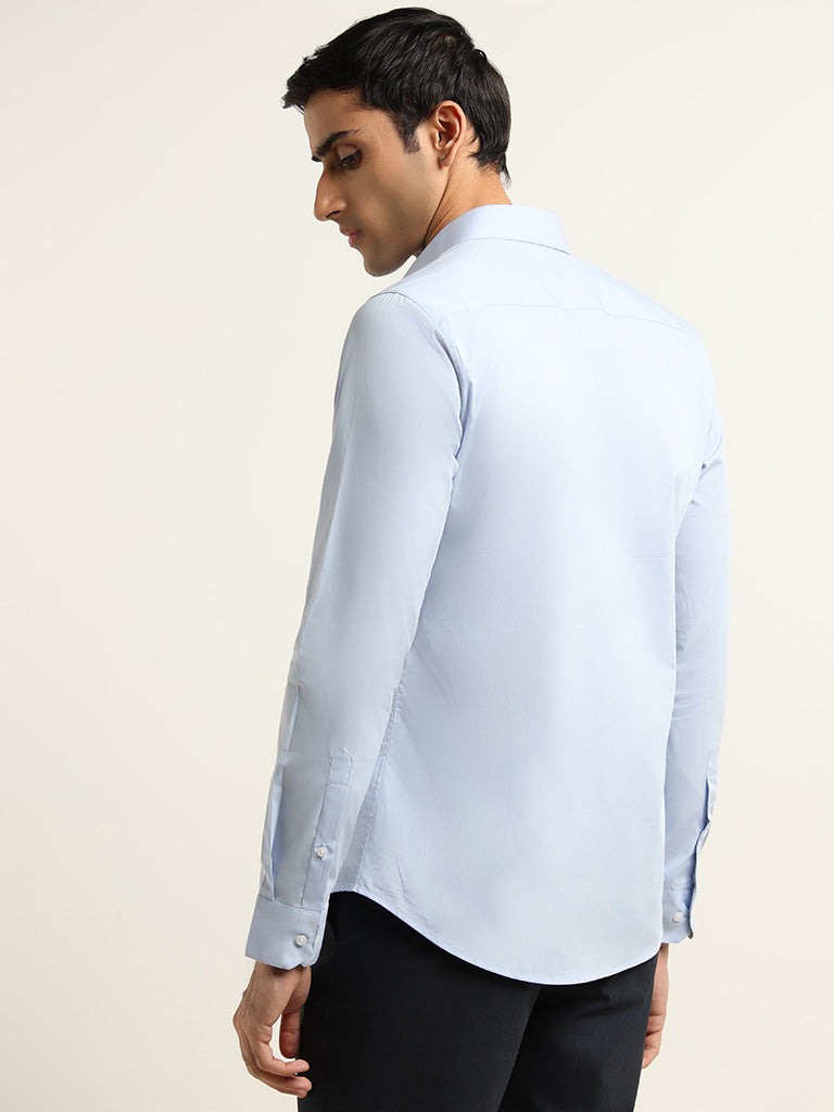WES Formals Blue Cotton Blend Ultra-Slim Fit Shirt