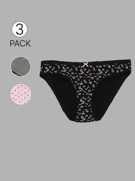 Wunderlove Black Printed Cotton Blend Bikini Briefs - Pack of 3