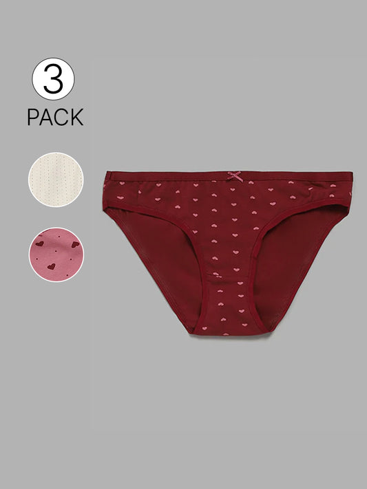 Wunderlove Maroon Printed Bikini Briefs - Pack of 3