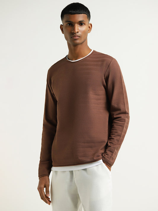ETA Brown Textured Cotton Slim Fit T-Shirt