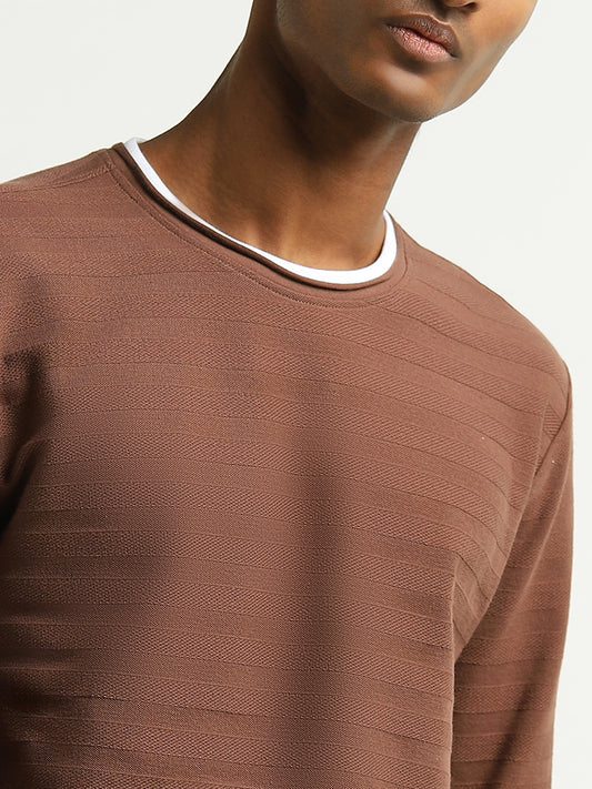 ETA Brown Textured Cotton Slim Fit T-Shirt