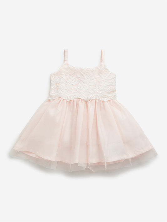 HOP Baby Peach Floral Embroidered A-Line Dress