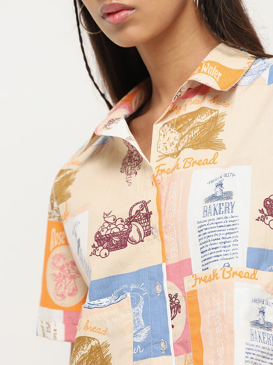Nuon Multicolor Printed Cotton Crop Shirt