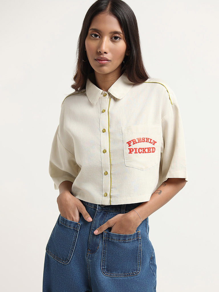 Nuon Off White Contrast Blended Linen Shirt