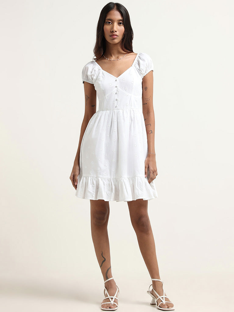 Nuon White Cotton Schiffli Dress