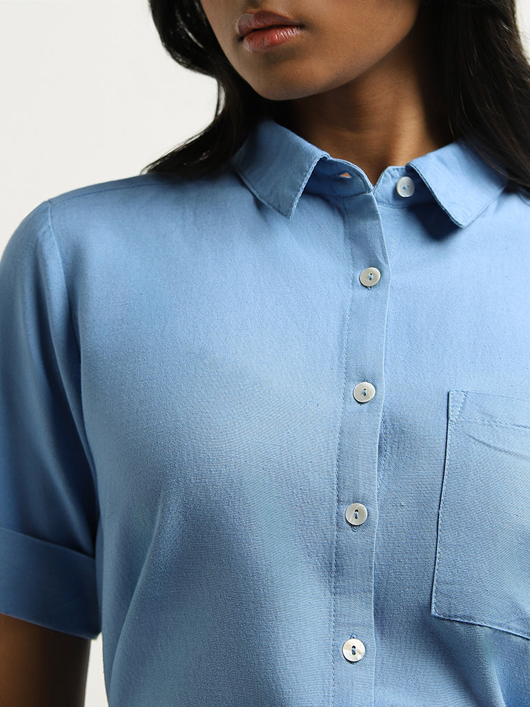 LOV Blue Tie Up Blended Linen Shirt