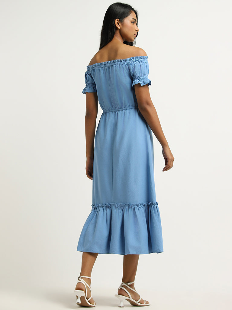 LOV Blue Off-Shoulder Blended Linen Dress