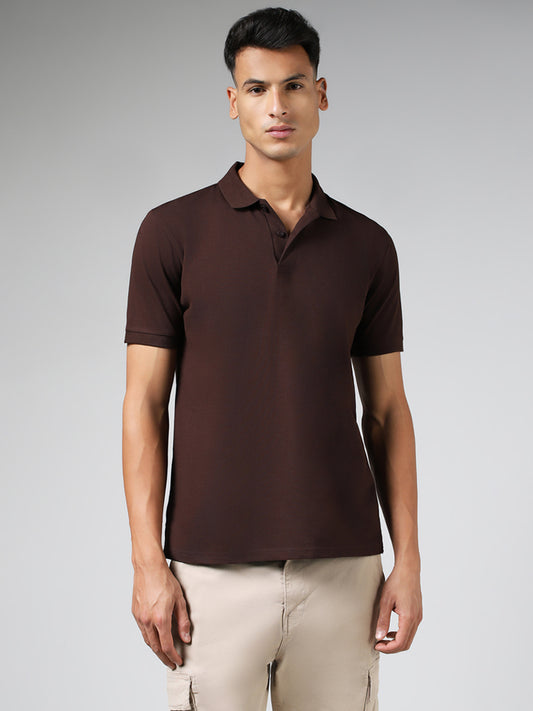 WES Casuals Solid Brown Cotton Blend Slim Fit Polo T-Shirt