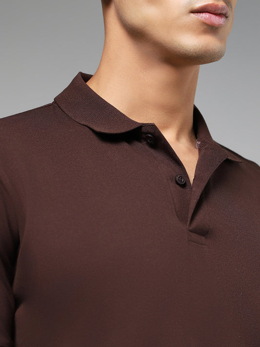 WES Casuals Solid Brown Slim Fit Polo T-Shirt