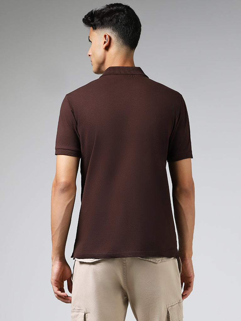 WES Casuals Solid Brown Slim Fit Polo T-Shirt
