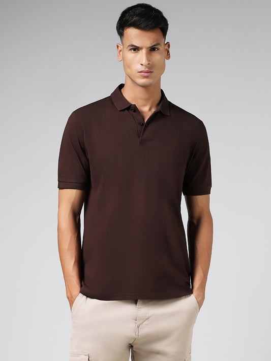 WES Casuals Solid Brown Cotton Blend Relaxed Fit Polo T-Shirt