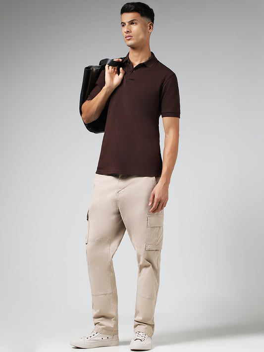 WES Casuals Solid Brown Relaxed Fit Polo T-Shirt