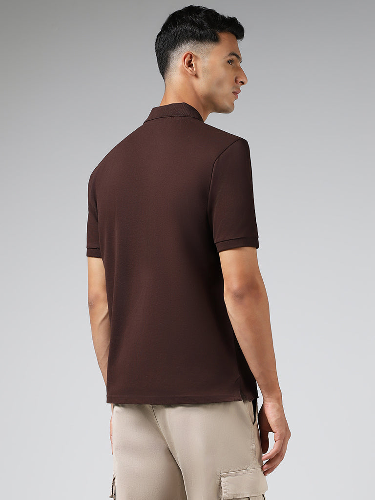 WES Casuals Solid Brown Relaxed Fit Polo T-Shirt