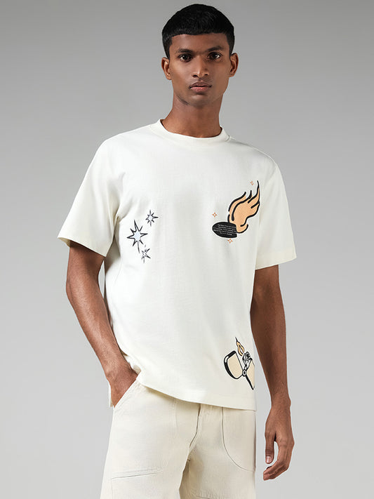 Nuon Off White Printed Relaxed Fit T-Shirt