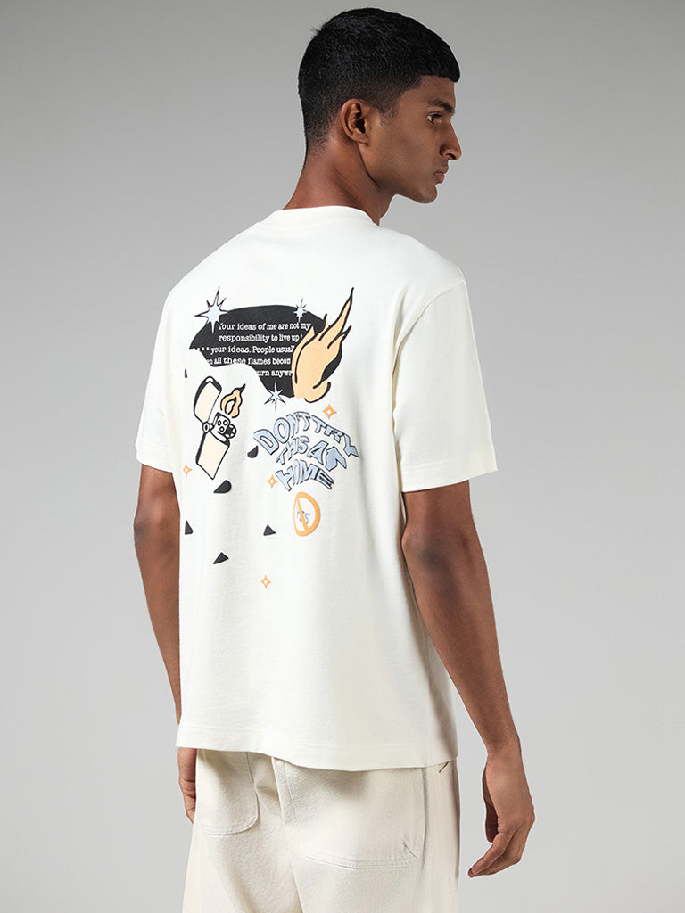 Nuon Off White Printed Relaxed Fit T-Shirt
