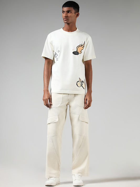 Nuon Off White Printed Cotton Relaxed Fit T-Shirt