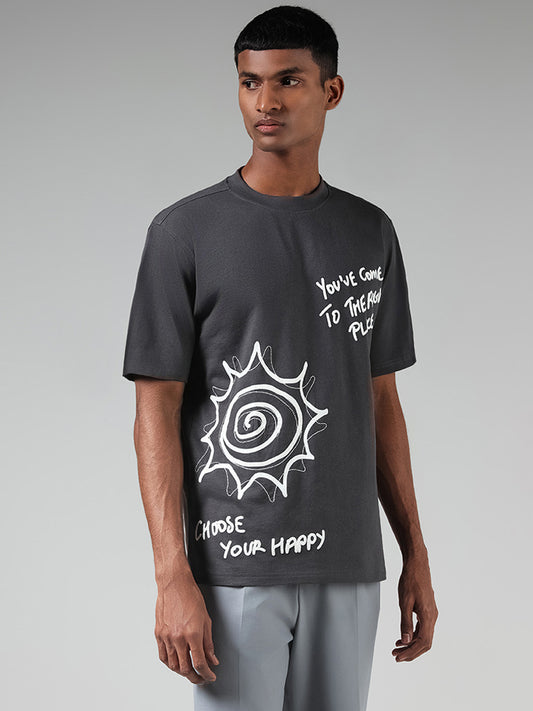 Nuon Grey Typographic Printed Cotton T-Shirt